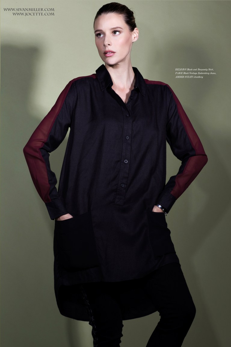 Jocette wears RELIGION Black and Burgundy Shirt PAIGE Black Verdugo Embroidery Jeans AMBER SCEATS Jewellery