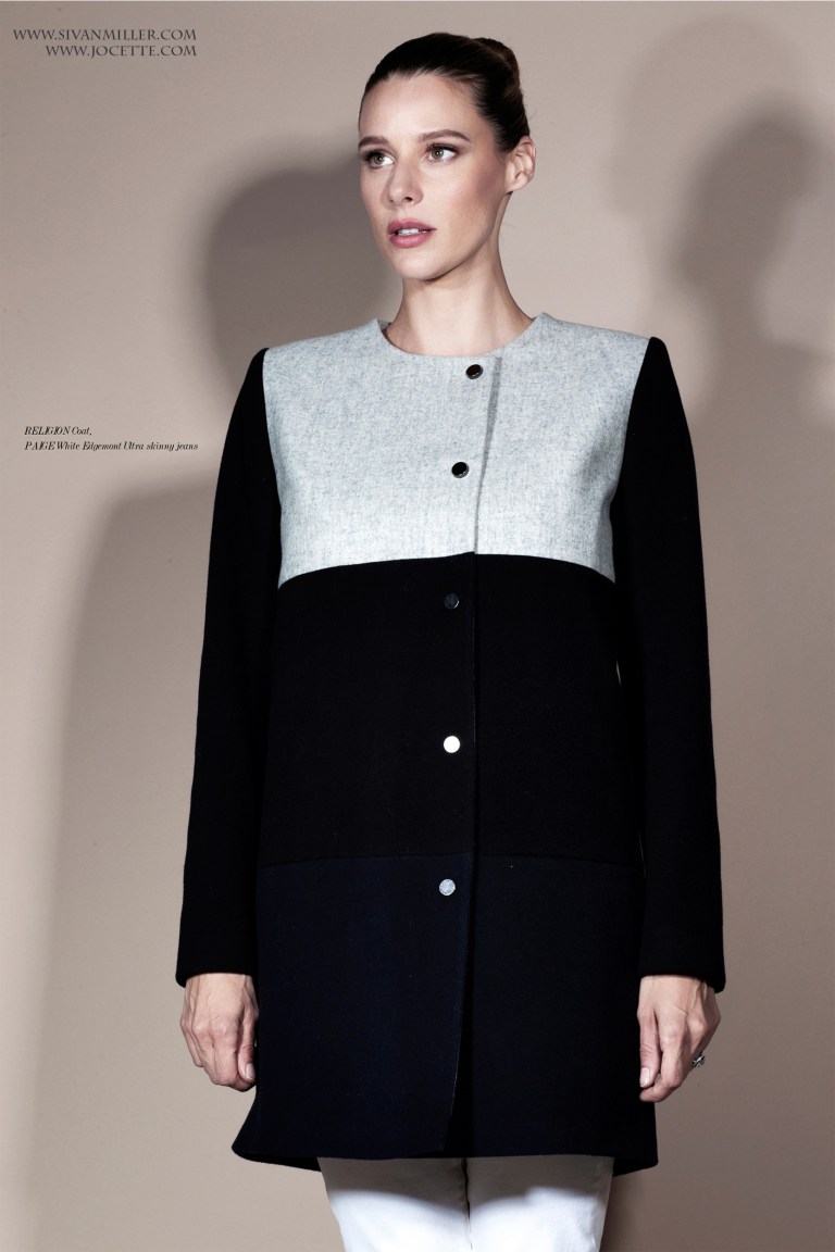 Jocette Wears RELIGION Coat, PAIGE White Edgemont Ultra Skinny Jeans