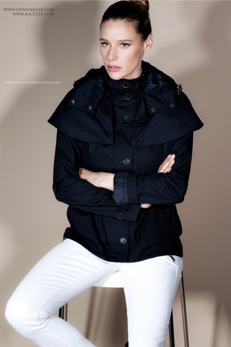 Jocette Wears TIMBERLAND Navy Waterproof Crop Jacket, PAIGE Ultra Skinnny White Jeans