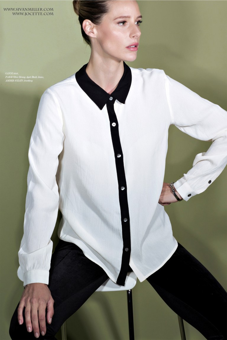 Jocette Wears GANNI Shirt, PAIGE Ultra Skinny Aged Black Jeans, AMBER SCEATS Jewellery