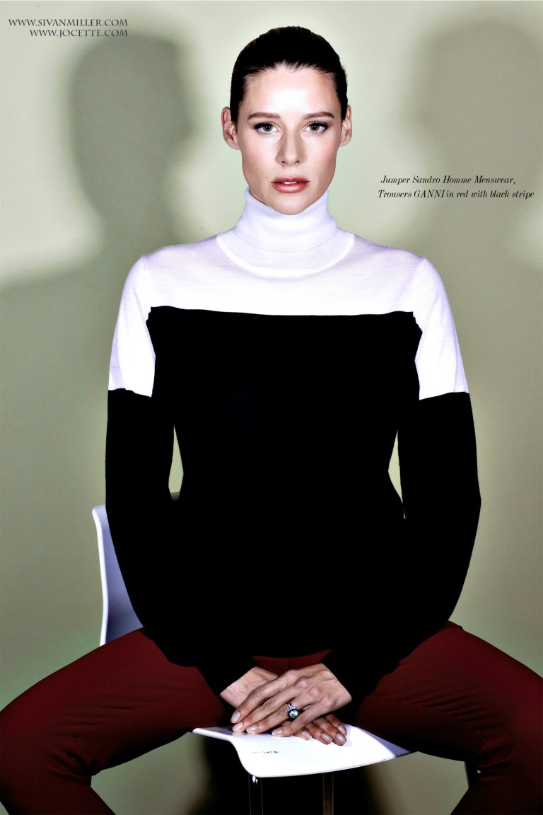 Jocette Wears SANDRO HOMME Jumper, GANNI Trousers and Red and White